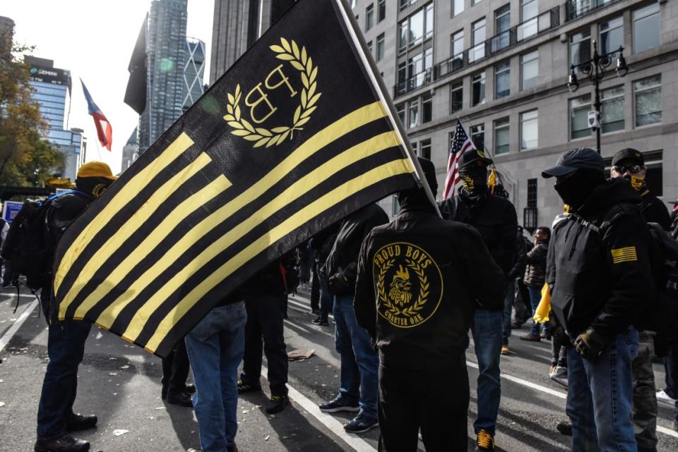 <div class="inline-image__title">1236695868</div> <div class="inline-image__caption"><p>Members of the Proud Boys rally against vaccine mandates on Nov. 20, 2021, in New York City. </p></div> <div class="inline-image__credit">Getty</div>