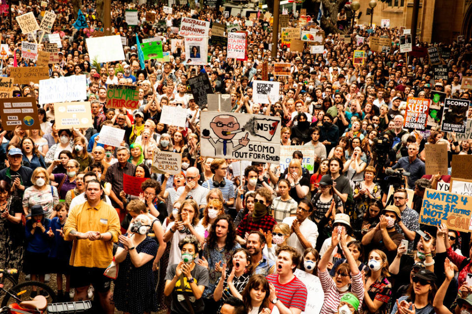 Activists rally for climate action at Sydney Town Hall on Wednesday December 11, 2019 in Sydney, Australia.