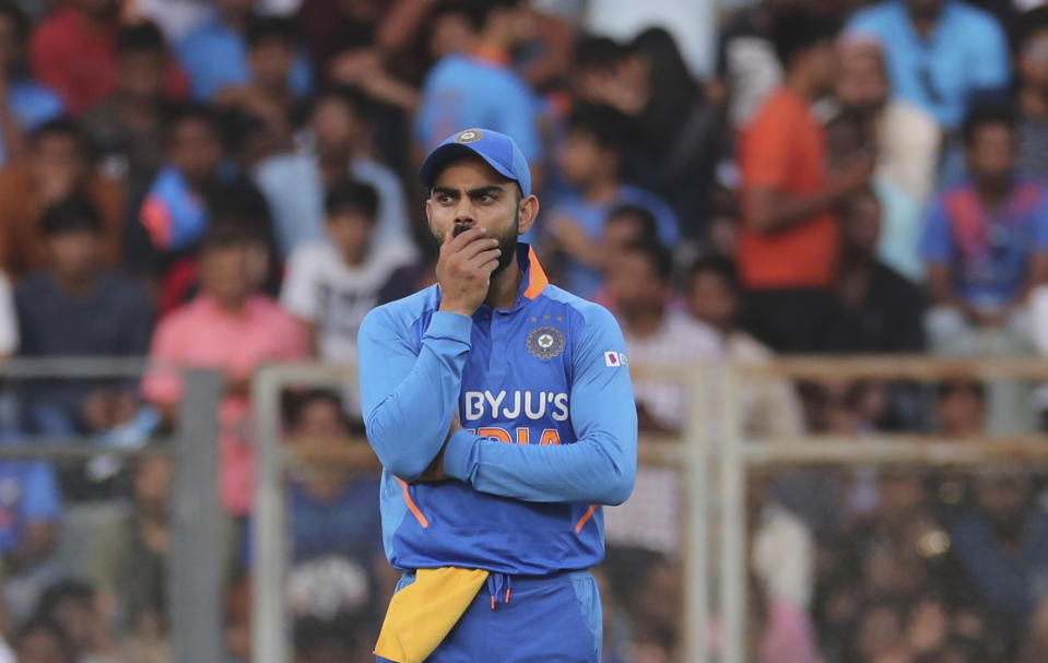 India's captain Virat Kohli gestures during the first one-day international cricket match between India and Australia in Mumbai, India, Tuesday, Jan. 14, 2020. (AP Photo/Rafiq Maqbool)