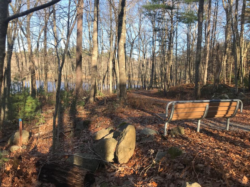 A sitting bench overlooks Spencer Pond at the start of the blue-blazed trail.