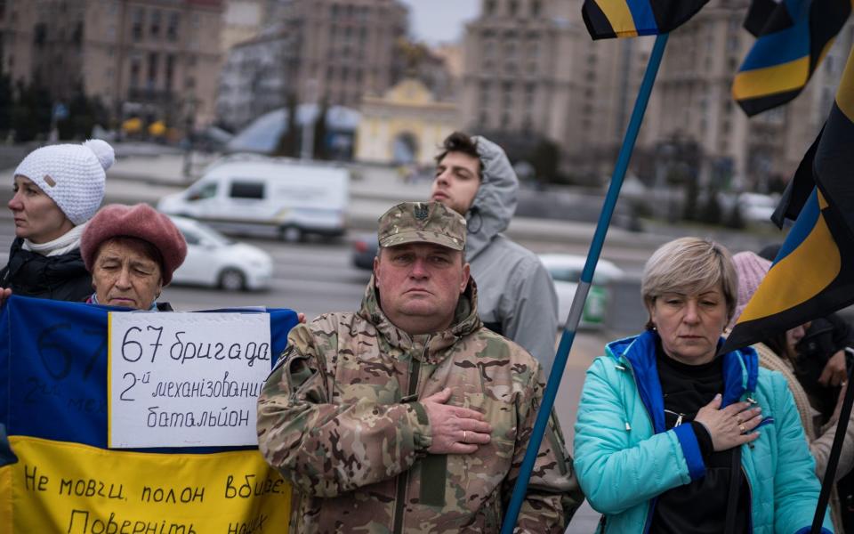 Relatives and friends of Ukrainian soldiers held captive by Russia protest to demand information about their situation at the Maidan Nezalezhnosti square on March 16, 2024 in Kyiv, Ukraine.