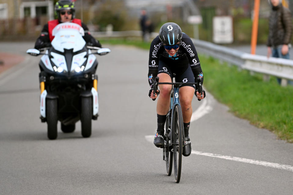 DE PANNE BELGIUM  MARCH 23 Pfeiffer Georgi of United Kingdom and Team DSM attacks in the breakaway during the 6th Exterioo Womens Classic BruggeDe Panne 2023 a 1631km one day race from Brugge to De Panne  UCIWWT  on March 23 2023 in De Panne Belgium Photo by Luc ClaessenGetty Images