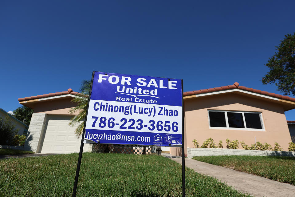 HOLLYWOOD, FLORIDA - OCTOBER 27:  A 'For Sale' sign is posted in front of a single family home on October 27, 2022 in Hollywood, Florida. The rate on the average 30-year fixed mortgage hit 7.08%, up from 6.94% the week prior, according to Freddie Mac. Mortgage rates surpassed 7% for the first time since April 2002. (Photo by Joe Raedle/Getty Images)