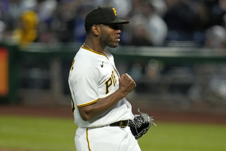 Pittsburgh Pirates starting pitcher Roansy Contreras celebrates after getting the final out of the sixth inning during a baseball game against the Los Angeles Dodgers in Pittsburgh, Wednesday, April 26, 2023. The Pirates won 8-1. (AP Photo/Gene J. Puskar)