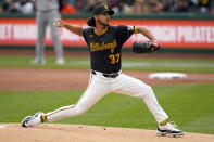 Pittsburgh Pirates starting pitcher Jared Jones delivers during the second inning of the team's baseball game against the Baltimore Orioles in Pittsburgh, Friday, April 5, 2024. (AP Photo/Gene J. Puskar)