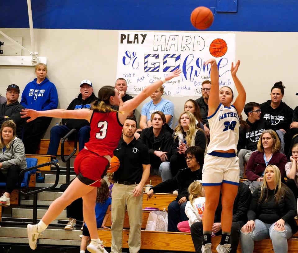 U-Prep’s JoAnna Warren (30) executes a 3-point shot against Winters’ Emily Dodic (3) in the fourth quarter.