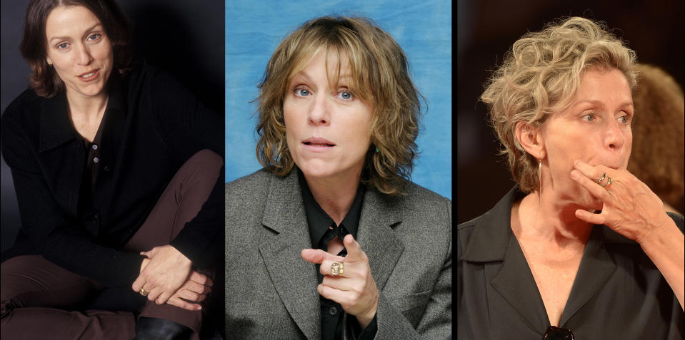 Frances McDormand wearing a gold band, as well as another ring, on her middle finger in 1994, 2003, and 2014. (Photos: Getty Images)