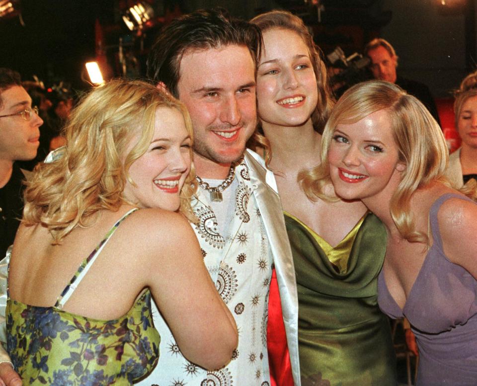 Co-stars (L-R) Drew Barrymore, David Arquette, Leelee Sobieski and Marley Shelton pose together at the premiere of their film, "Never Been Kissed," March 30 in Hollywood. In the film, which was also produced by Barrymore, she portrays a newspaper reporter whose first assignment is to go undercover at a local high school to report on today's teenagers. "Never Been Kissed" opens in the United States April 9.

RMP/HB