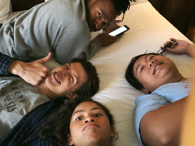 Candid photo of Zendaya and Tom Holland with friends Jacob Batalon and Darnell Appling