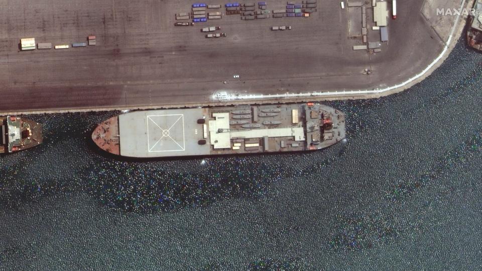 Iranian naval ship, the Makran, is seen in Bandar Abbas, Iran, in this satellite image taken on April 28, 2021. Picture taken April 28, 2021