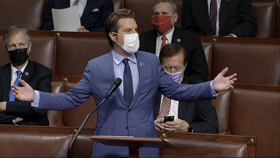 In this image from video, Rep. Matt Gaetz, R-Fla., speaks as the House reconvenes to debate the objection to confirm the Electoral College vote from Arizona, after protesters stormed into the U.S. Capitol on Wednesday, Jan. 6, 2021. (House Television via AP)