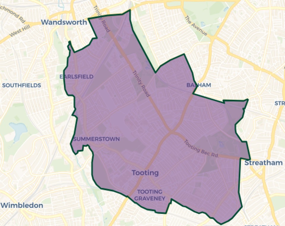 Tooting constituency map. Purple shaded area: Current constituency boundary. Green outlines new constituency boundaries (© OpenStreetMap contributors | © CARTO)