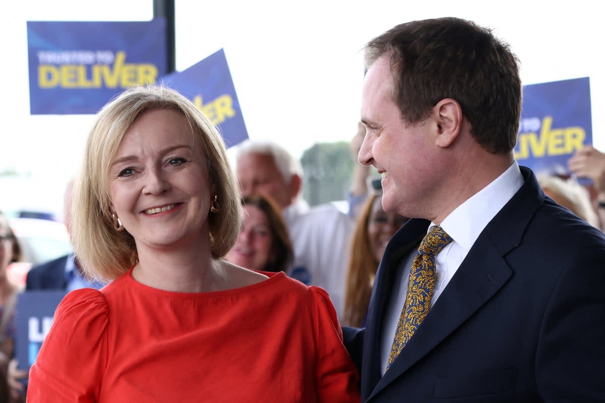 Liz Truss with her newest senior Tory supporter Tom Tugendhat in Bromley (Henry Nicholls/PA) (PA Wire)