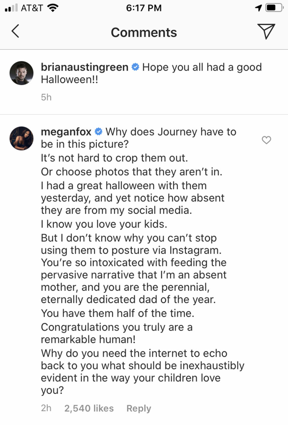 Megan Fox criticized ex Brian Austin Green for sharing a Halloween photo of their son. The post was later deleted. (brianaustingreen/instagram)