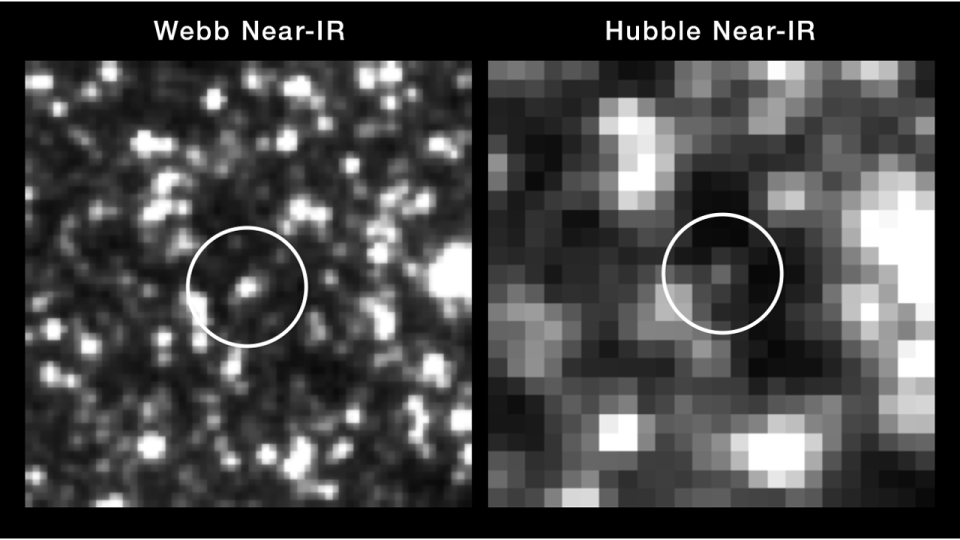 Side-by-side black and white images showing a Cepheid variable star as a white blurred dot.