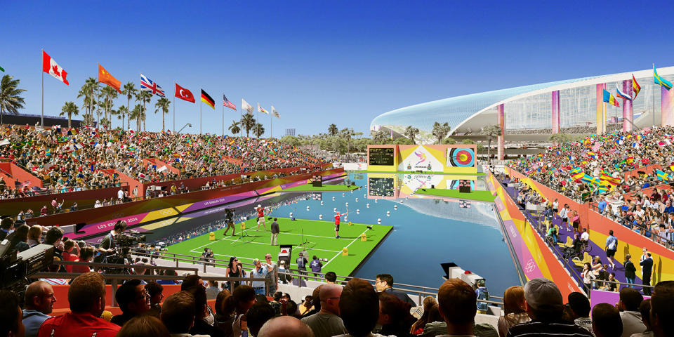 <p>Paralympic Archery is shown in this rendering of L.A. Stadium at Hollywood Park. (Photo: Courtesy LA 2024) </p>