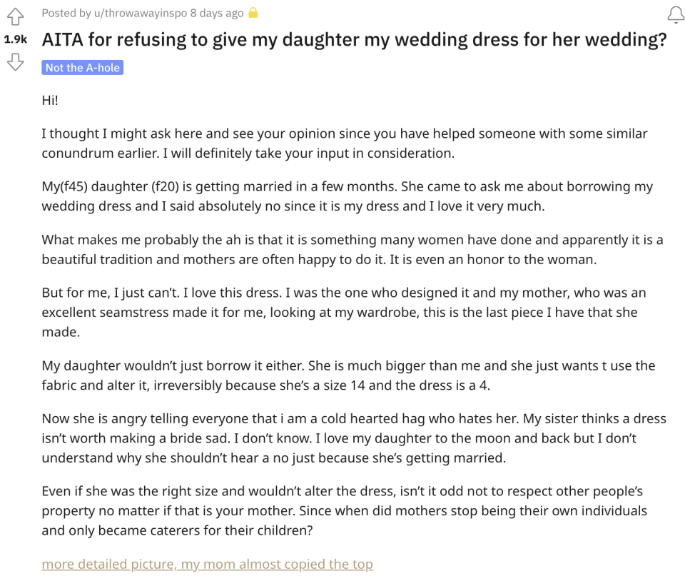 The poster took to Reddit to ask if she was in the wrong for not wanting to give her beloved dress to her daughter. Credit: Reddit 