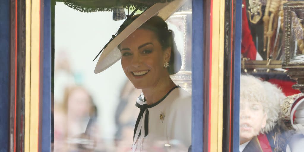 london, england june 15 catherine, princess of wales and prince louis of wales during trooping the colour on june 15, 2024 in london, england trooping the colour is a ceremonial parade celebrating the official birthday of the british monarch the event features over 1,400 soldiers and officers, accompanied by 200 horses more than 400 musicians from ten different bands and corps of drums march and perform in perfect harmony photo by neil mockfordgc images