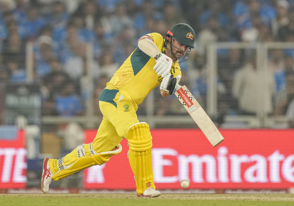 Australia's Travis Head plays a shot during the ICC Men's Cricket World Cup final match between Australia and India in Ahmedabad, India, Sunday, Nov.19, 2023. (AP Photo/Mahesh Kumar A.)