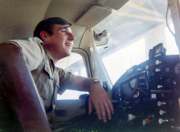 This 1971 photo provided by David Waldrup shows him in the cockpit of a Cessna 172 at White Rock airport in Dallas. The day of the moon landing on July 20, 1969, David was celebrating not only man’s first steps on the moon - he was also celebrating his 15th birthday. “I was a child of the space race growing up in the 60's and watching everything we did to put men on the moon. I built models of the Mercury, Gemini and Apollo spacecraft and read everything I could find on the vehicles and men flying them. But I was most excited when, on my 15th birthday, my family gathered around our TV to watch the live broadcast in Dallas, Texas as Neil Armstrong walked on the moon. What a birthday gift for and excited space nut! And then my next feeling was, wow, what are we going to do next? It’s literally not just the sky, but outer space is the limit. And I can’t wait to be part of it. And I knew at some level, I would be part of it somehow.” (Courtesy David Waldrup via AP)