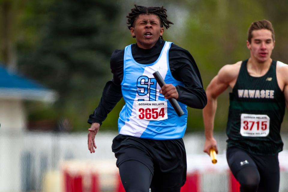 Saint Joseph’s Richard Halliburton nears the finish line during the 4x200-meter relay event of the Goshen Relays Saturday, April 20, 2024 at Goshen High School.