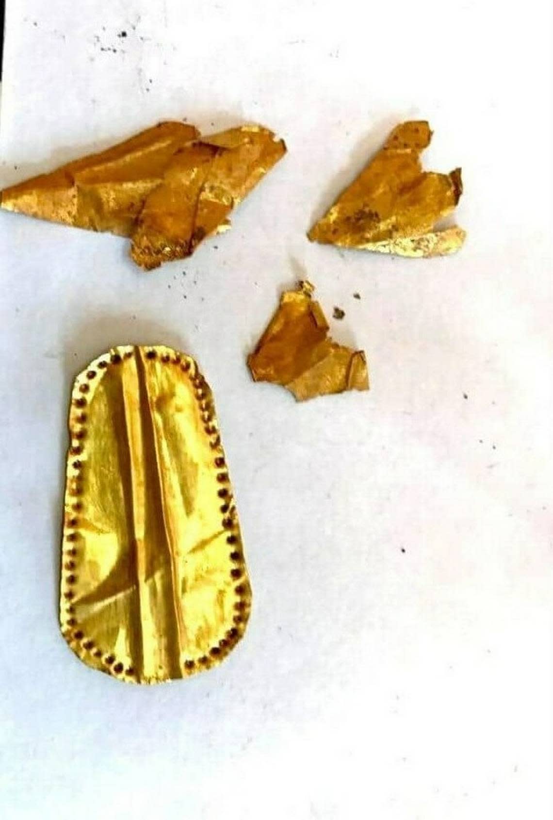 One of the gold tongues (bottom) next to other golden fragments found at the site. Photo from Egypt's Ministry of Tourism and Antiquities