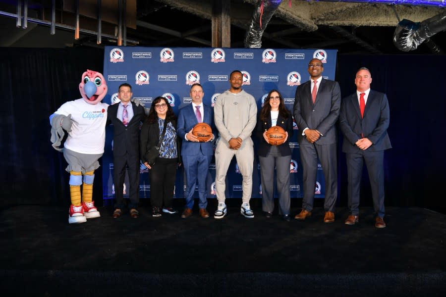 Representatives from the Los Angeles Clippers organization held a press conference in Oceanside on March 11, 2024, to unveil the new name and logo of the team's G League affiliate: San Diego Clippers.(Los Angeles Clippers)