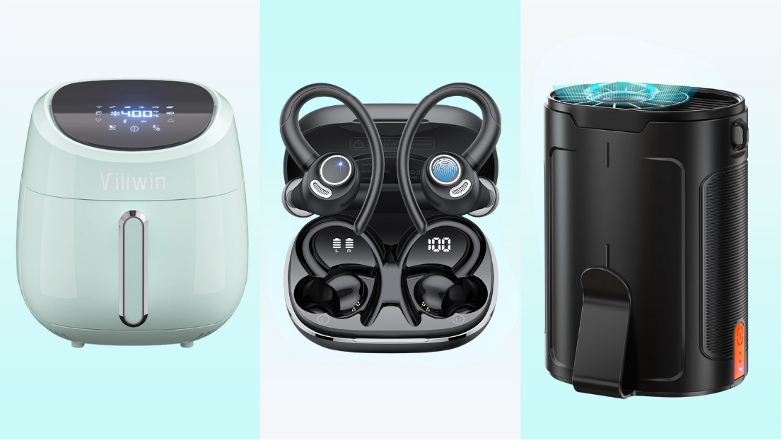 air fryer, earbuds, portable fan