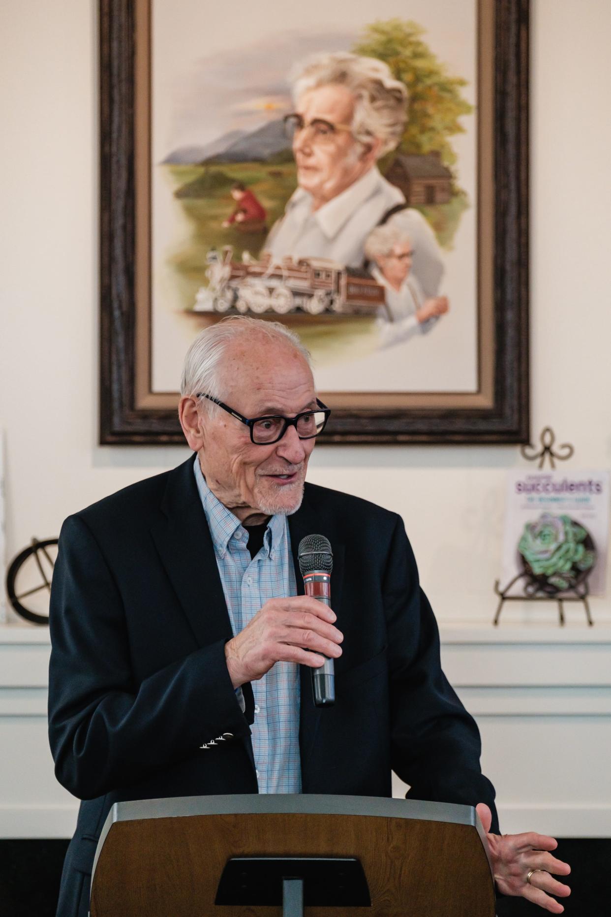 Former Ohio Gov. Richard Celeste talks about his new book during an appearance Saturday at the Dover Public Library.