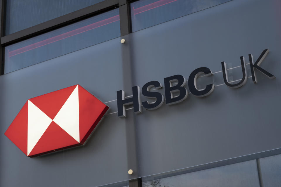 Sign for the brand and high street bank HSBC on 5th November 2020 in Birmingham, United Kingdom. HSBC Bank plc is a British multinational banking and financial services organisation. HSBC's international network comprises around 7,500 offices in over 80 countries globally. (photo by Mike Kemp/In Pictures via Getty Images)