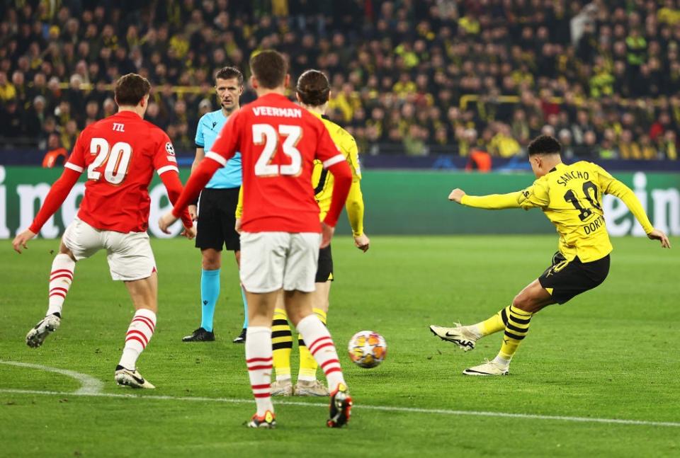 Jadon Sancho fires home Dortmund’s first goal (Getty Images)