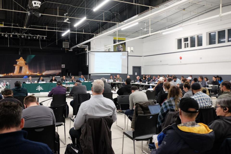 People gathered at the community hall in Rankin Inlet, Nunavut, for a final hearing on Agnico Eagle's proposed Meliadine mine extension.