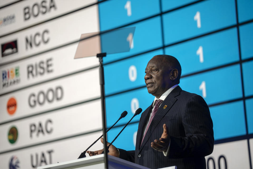 FILE - South African President Cyril Ramaphosa speaks during the announcement of the results in South Africa's general elections in Johannesburg, South Africa on June 2, 2024. South Africa is in a moment of deep soul-searching after an election that brought a jarring split from the African National Congress, the very party that gave the country freedom and democracy 30 years ago. (AP Photo/Emilio Morenatti, File)