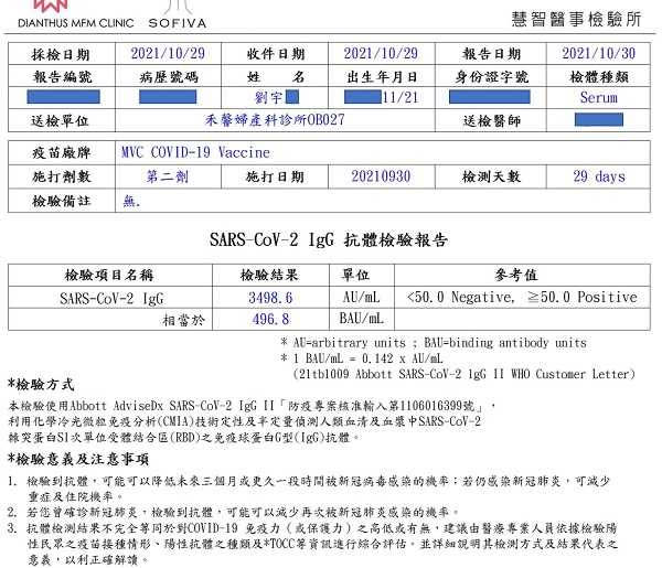 劉宇公布抗體數值。（圖／翻攝自劉宇臉書）