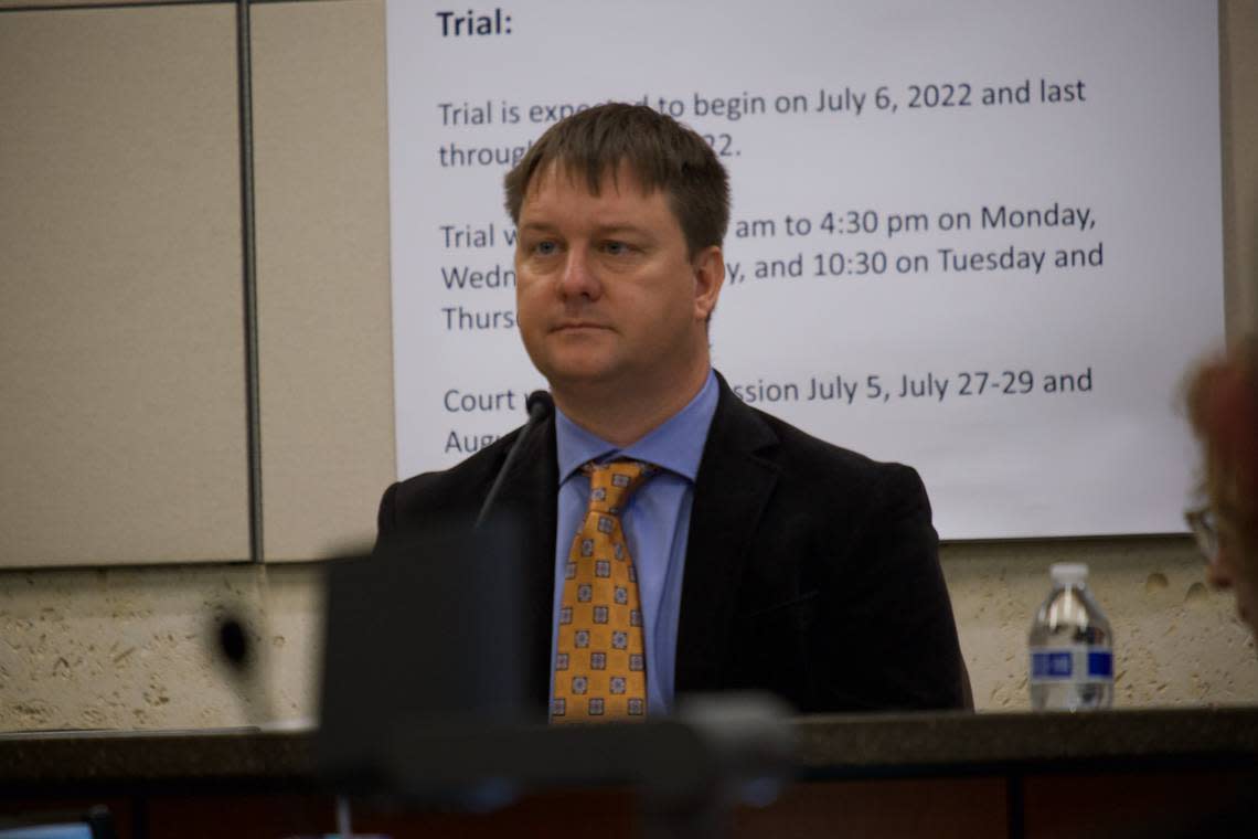 Phillip Hanes, an archaeologist who specializes in ground penetrating radar, testifies at the Kristin Smart murder trial at Monterey County Superior Court in Salinas on Aug. 31, 2022.