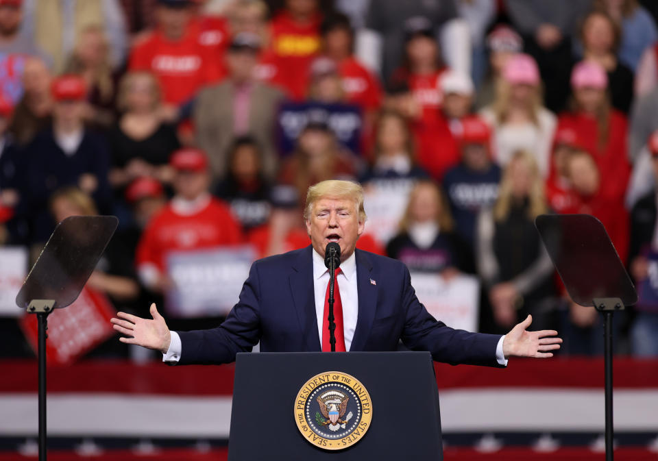 President Trump speaks at a rally in Des Moines, Iowa, on Thursday. (Jonathan Ernst/Reuters)