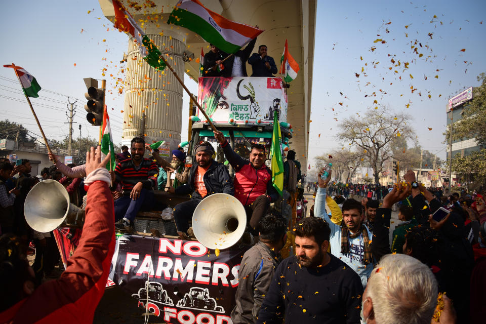 Farmers' Tractors Parade at the Tikri border during the...