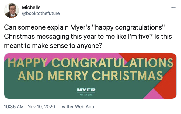 Person on Twitter writing about the Myer ad