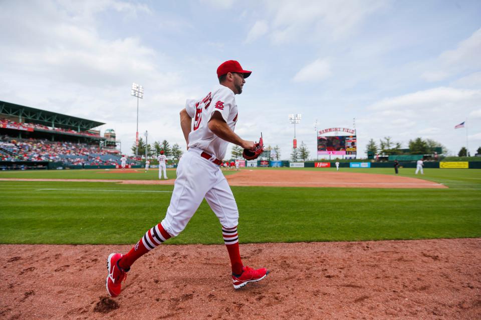 St. Louis Cardinals pitcher Adam Wainwright during a rehab assignment with the Springfield Cardinals at Hammons Field on Wednesday, April 19, 2023. 