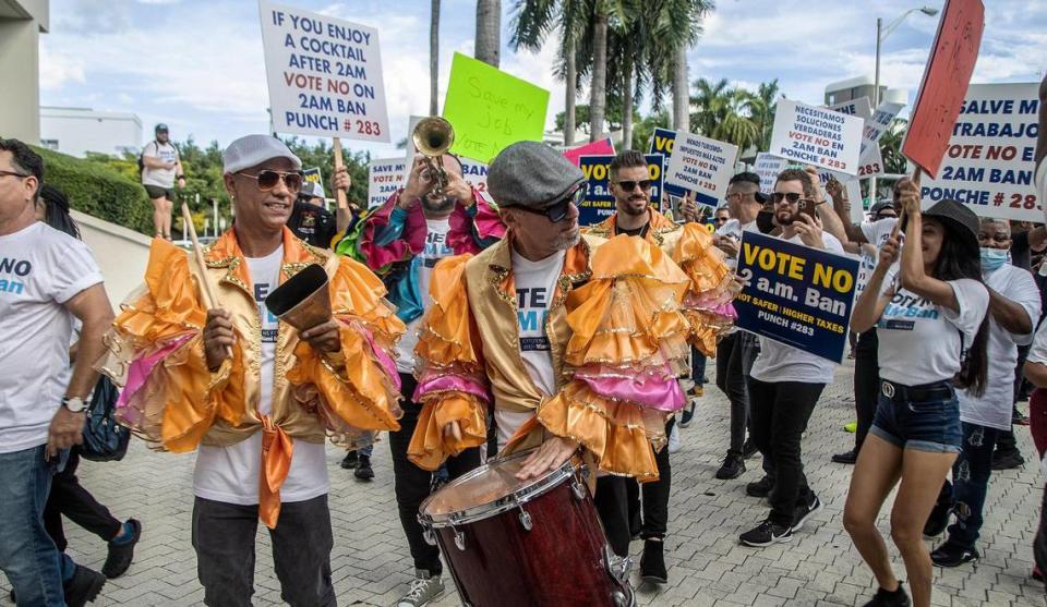 With early voting underway ahead of Miami Beach’s Nov. 2 election, a group of hospitality workers marched to City Hall on Wednesday to oppose a referendum that proposes to stop alcohol sales at 2 a.m. citywide on Wednesday, Oct. 27, 2021.