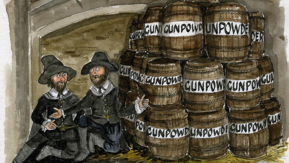  Who was Guy Fawkes illustrated by cartoon gun powder barrels and two men. 