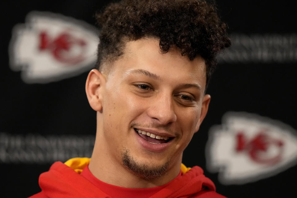 Kansas City Chiefs quarterback Patrick Mahomes talks to the media before an NFL football workout Thursday, Jan. 26, 2023, in Kansas City, Mo. The Chiefs are scheduled to play the Cincinnati Bengals Sunday in the AFC championship game. (AP Photo/Charlie Riedel)