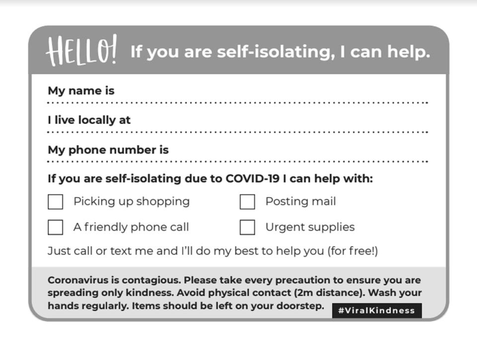 A postcard template which has been widely shared on social media to encourage communities to come together (PA)