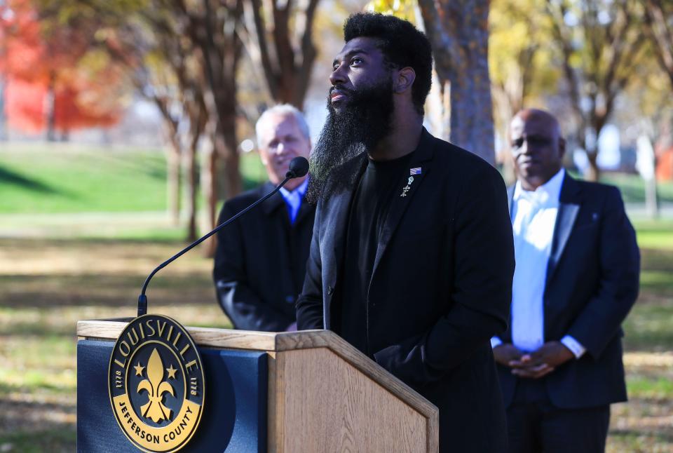 Louisville Metro Councilman Jecorey Arthur, D-4th District, talks about the importance of the Waterfront Park expansion for more park space that his district residents deserve during Tuesday's press conference. Gov. Andy Beshear said he wants to budget $10 million over two years to expand Waterfront Park into Louisville's West End. Nov. 30, 2021