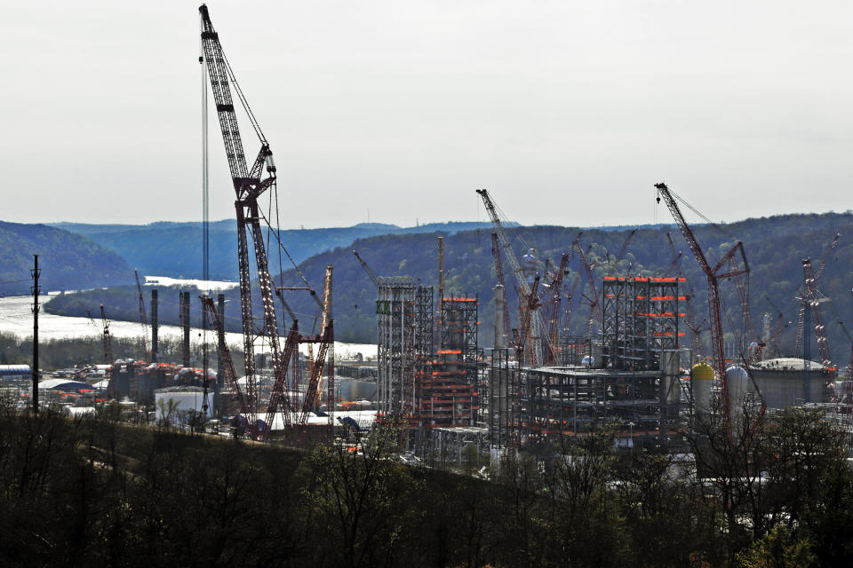 Part of a petrochemical plant being built on the Ohio River in Monaca, Pennsylvania, for the Royal Dutch Shell company. The plant, which is capable of producing 1.6 million tons of raw plastic annually, is expected to begin operations by 2021. (Photo: Gene J. Puskar/ASSOCIATED PRESS)