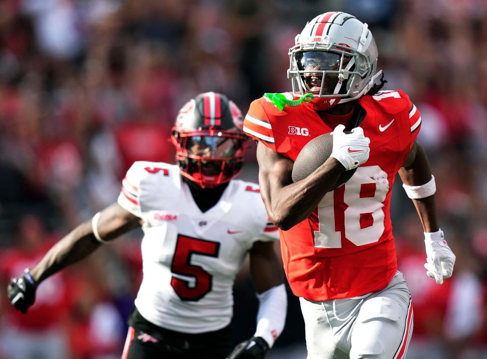 Ohio State's Marvin Harrison's 75-yard touchdown against Western Kentucky is the Buckeyes's longest scoring play of the season.