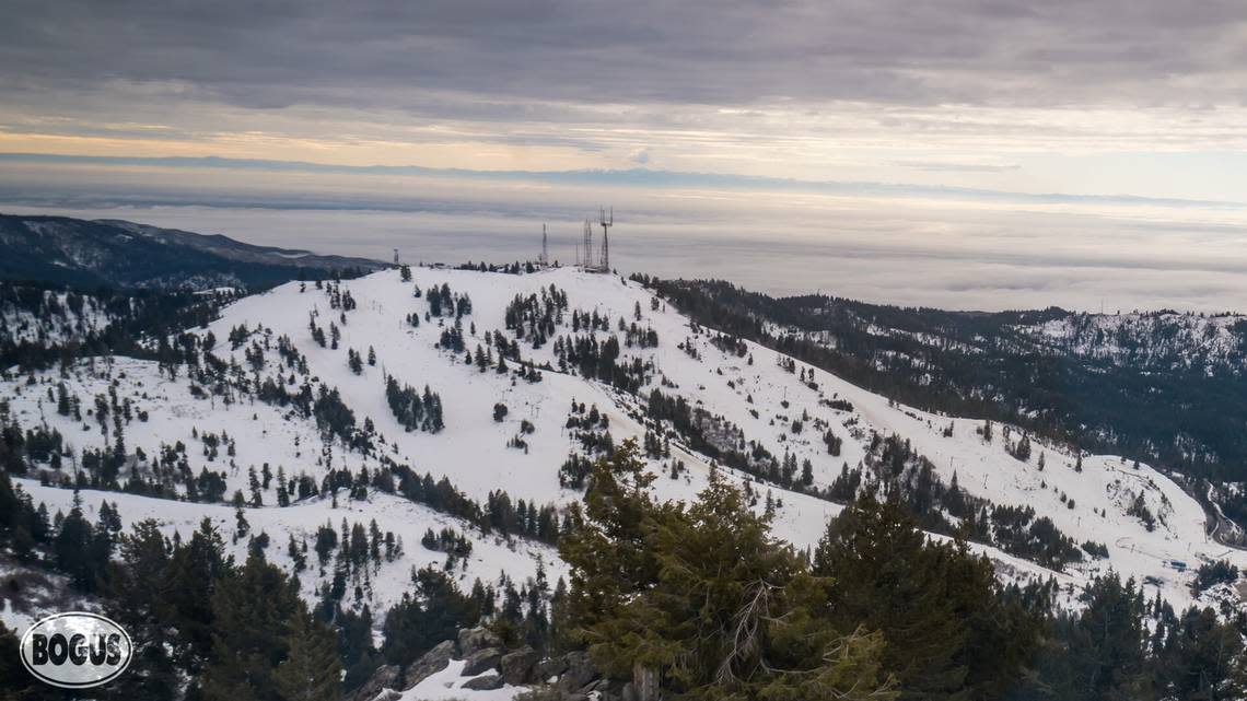 Bogus Basin’s mountain camera shows the slopes – speckled with shrubs and showing signs of wear on some runs – on Friday, Dec. 22, 2023. Bogus has less snow than usual for this time of year, and it has struggled to make snow due to warm temperatures.