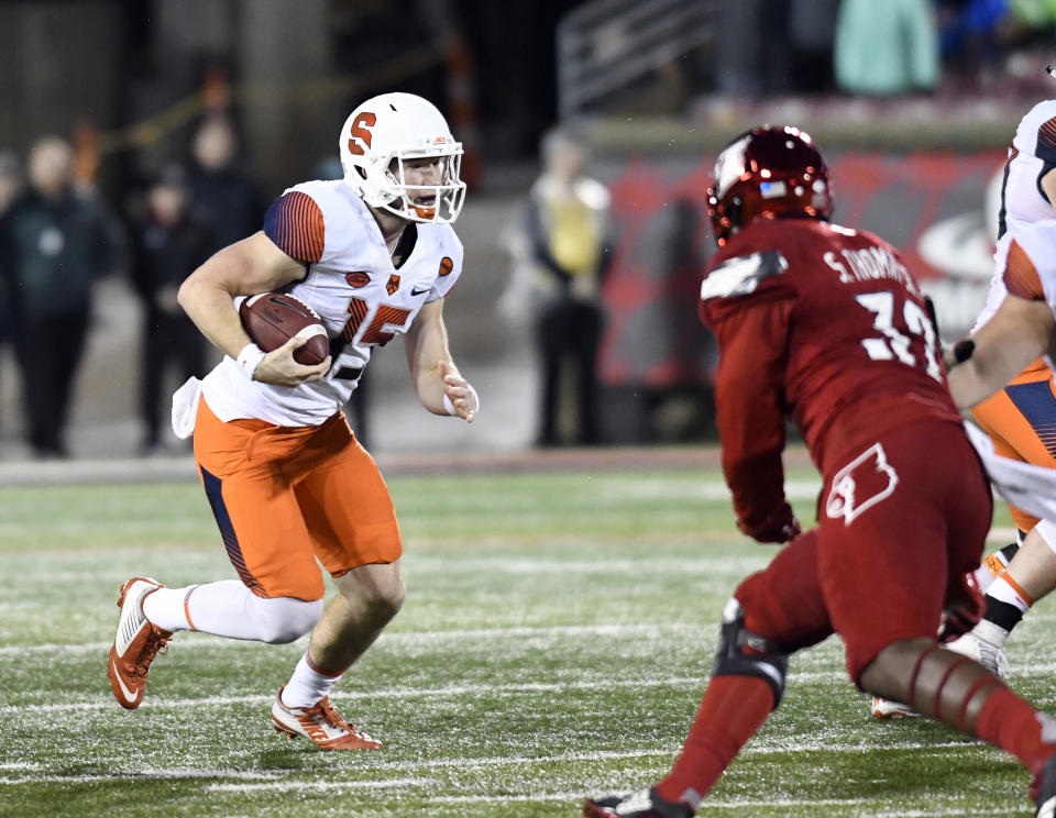 Syracuse Orange quarterback Rex Culpepper (15) during the second half of an NCAA college football game, Saturday, Nov. 18, 2017, in Louisville, Ky. (AP Photo/Timothy D. Easley)