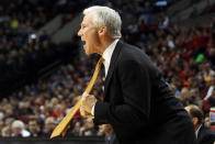 Head coach Bob McKillop of the Davidson Wildcats reacts in the first half while taking on the Louisville Cardinals in the second round of the 2012 NCAA men's basketball tournament at Rose Garden Arena on March 15, 2012 in Portland, Oregon. (Photo by Jed Jacobsohn/Getty Images)