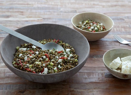 <strong>Get the <a href="http://www.huffingtonpost.com/2011/10/27/green-lentil-salad-with-c_n_1059864.html" target="_hplink">Green Lentil Salad with Cucumber and Cumin and Lemon Vinaigrette recipe</a></strong>